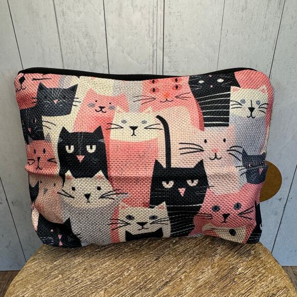 Pink Cats Makeup Bag Pastel Black Cat Lover Cosmetics Bag Canvas Bag NEW - Picture 4 of 6